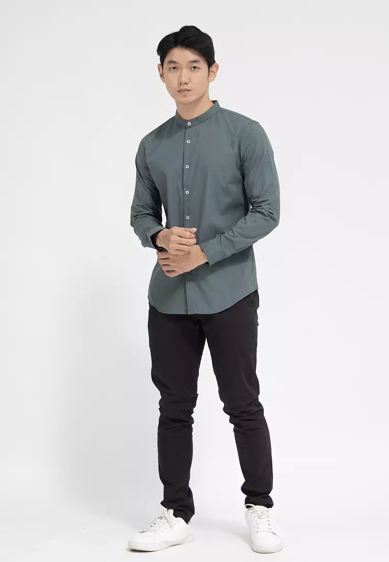 Kemeja tangan panjang Collarless koko cotton oxcon green