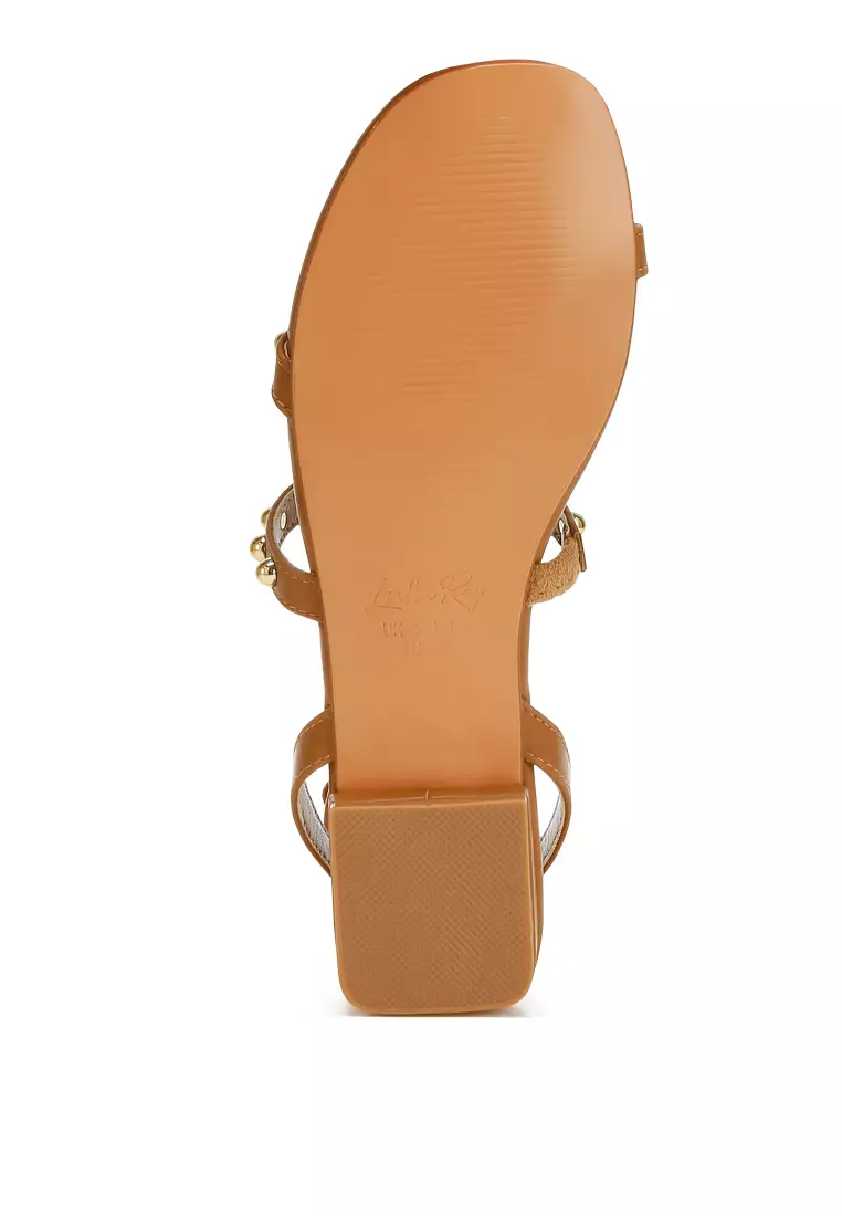 Studded Ankle Strap Flat Sandals in Tan