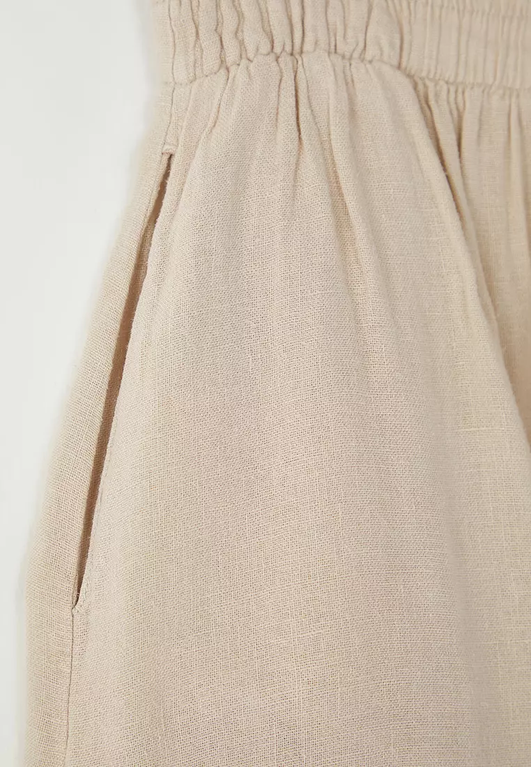 Beige Elastic Waist Midi Skirt