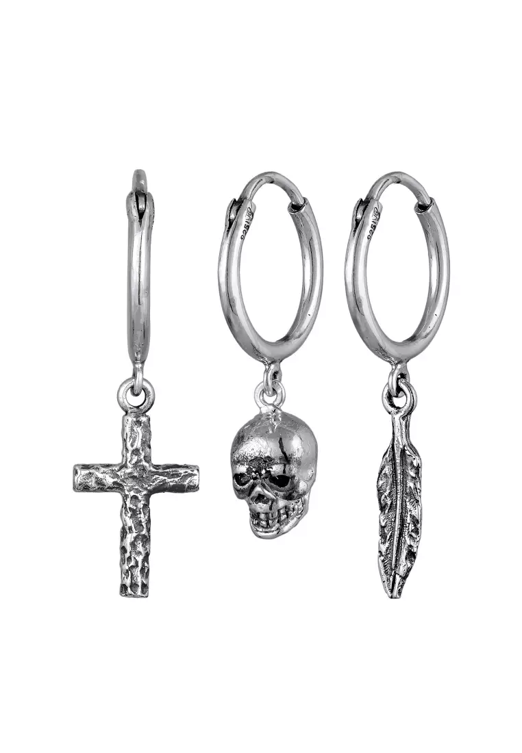 EXCLUSIVE Anting Perhiasan Perak 925 Pria Set Creole Skull Feather