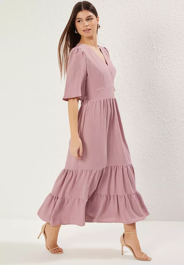 Pink Skirt Waist Opening V Neck Belted Midi Aerobin Woven Dress