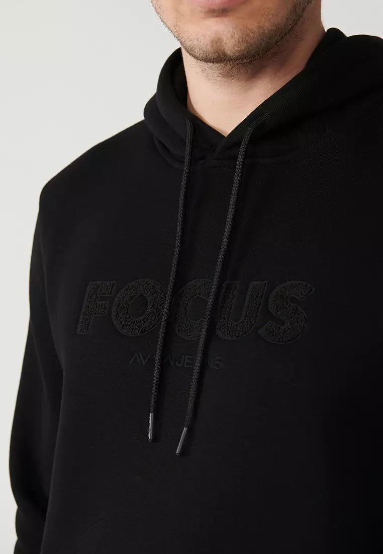 Men's Black Hooded 3 Thread Raised Kangaroo Pocket Sweatshirt A32Y1193