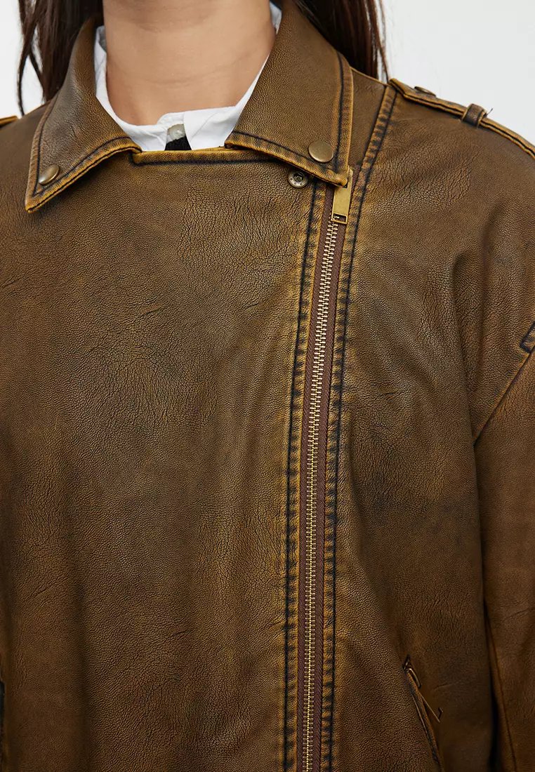 Brown Oversized Wash Effect Faux Leather Biker Jacket Coat