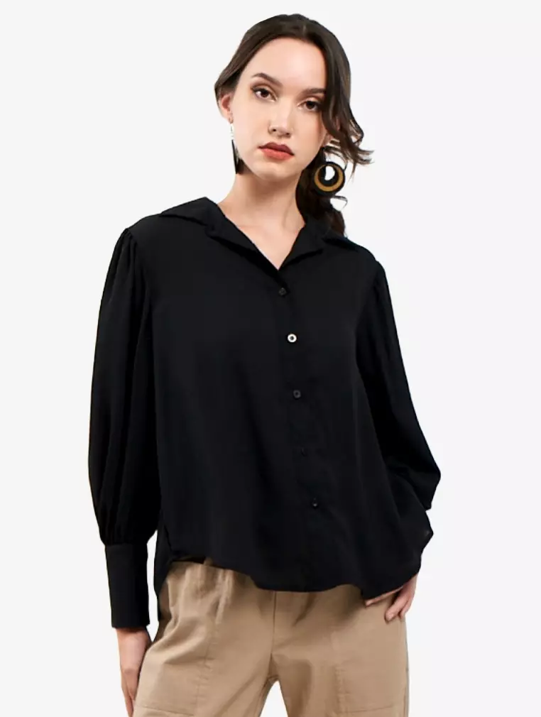 TONIQUE Kemeja Wanita Katun Lengan Panjang Reguler Fit CATHY Atasan Wanita Hitam