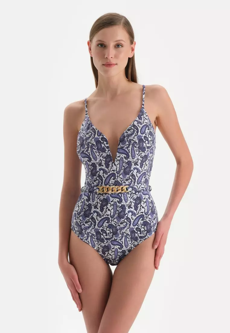 Ecru-Purple Swimsuit, Paisley Patterned, Triangle Wide, Cupless, Swimwear for Women