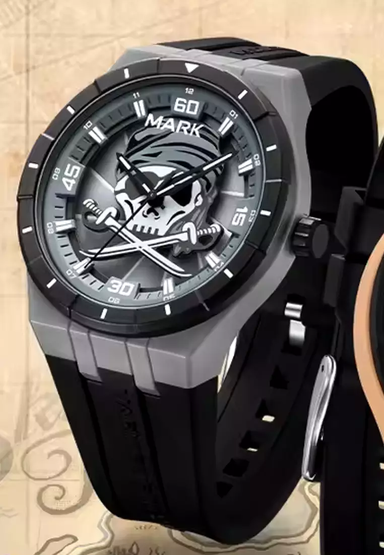 Unisex Rotating Pirate Skull Quartz Watch, Black Rubber Strap