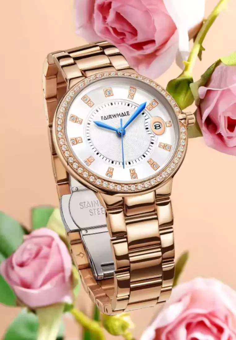 Ladies Rose Gold Colored Stainless Steel Quartz Watch, 32mm, Bezel Paved with Crystals, Stainless Steel Bracelet
