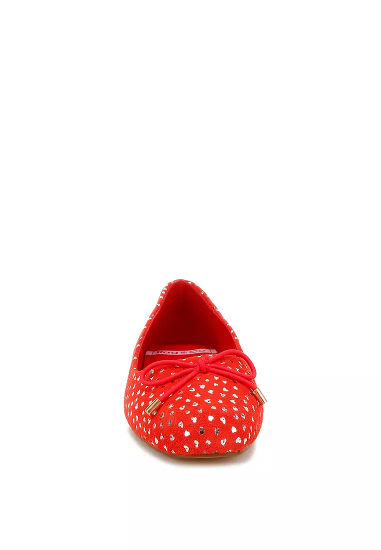 Bow Detail Embossed Suede Ballerinas Red