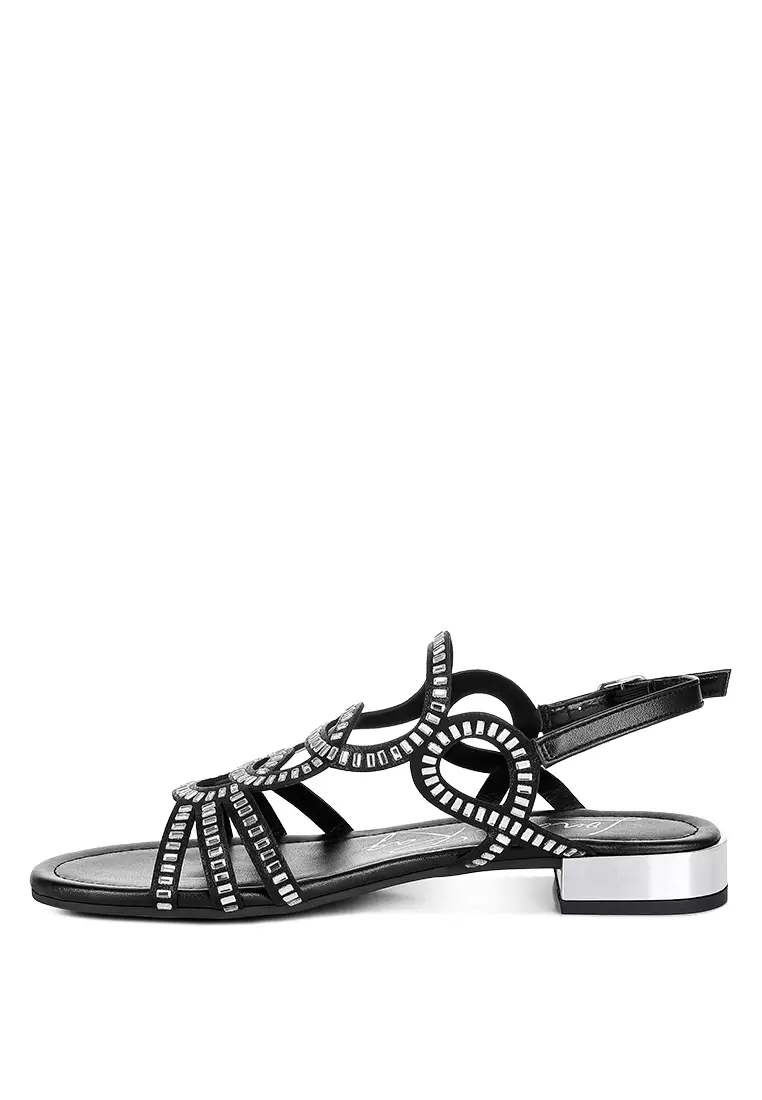 Sandal Datar Berlian Imitasi Detail Potongan Warna Hitam