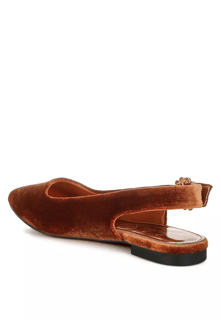 Velvet Slingback Flat Sandals in Brown