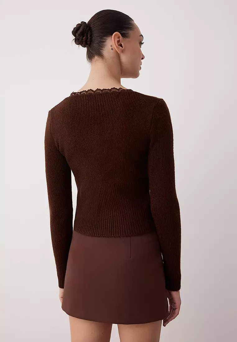 Brown Crop Lace Garnish Square Collar Soft Texture Body Wrap Knitwear Cardigan