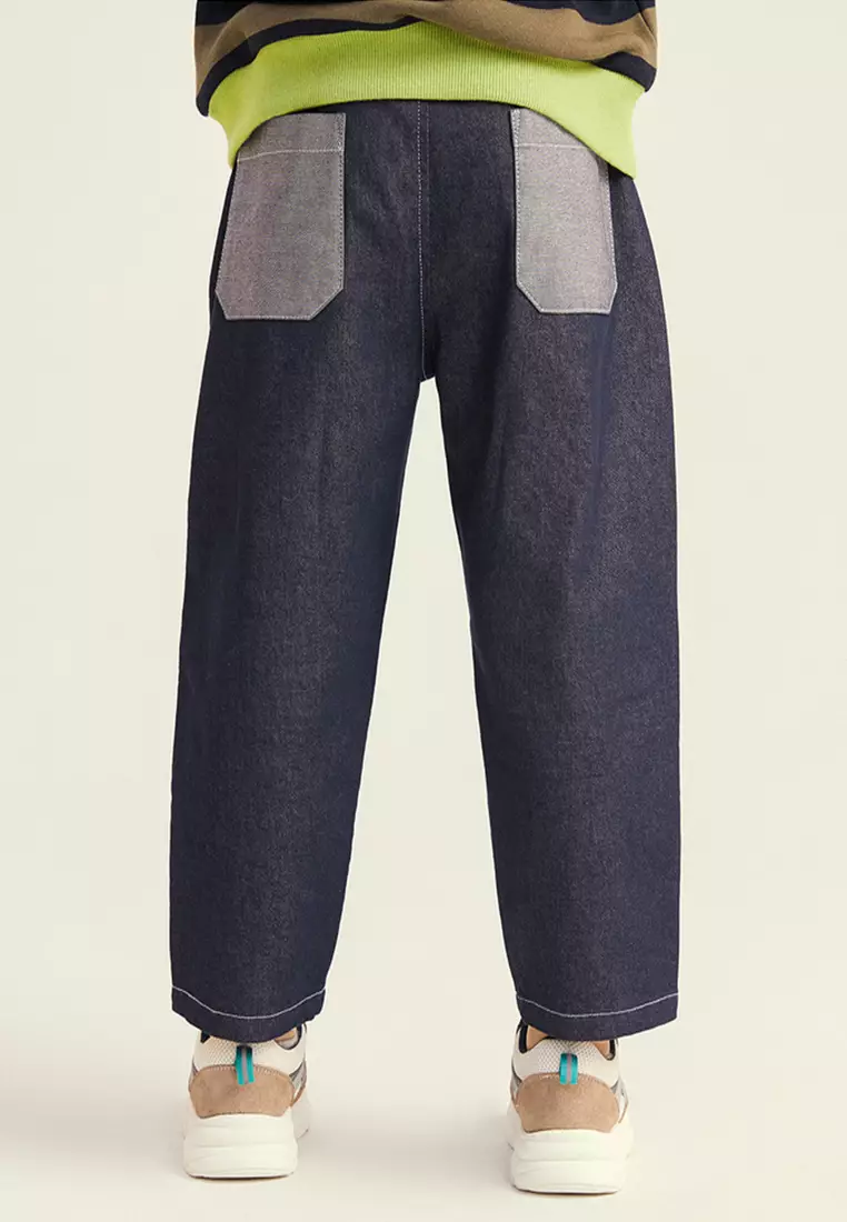 男大童牛仔长裤拼接设计帅气翻边牛仔裤子