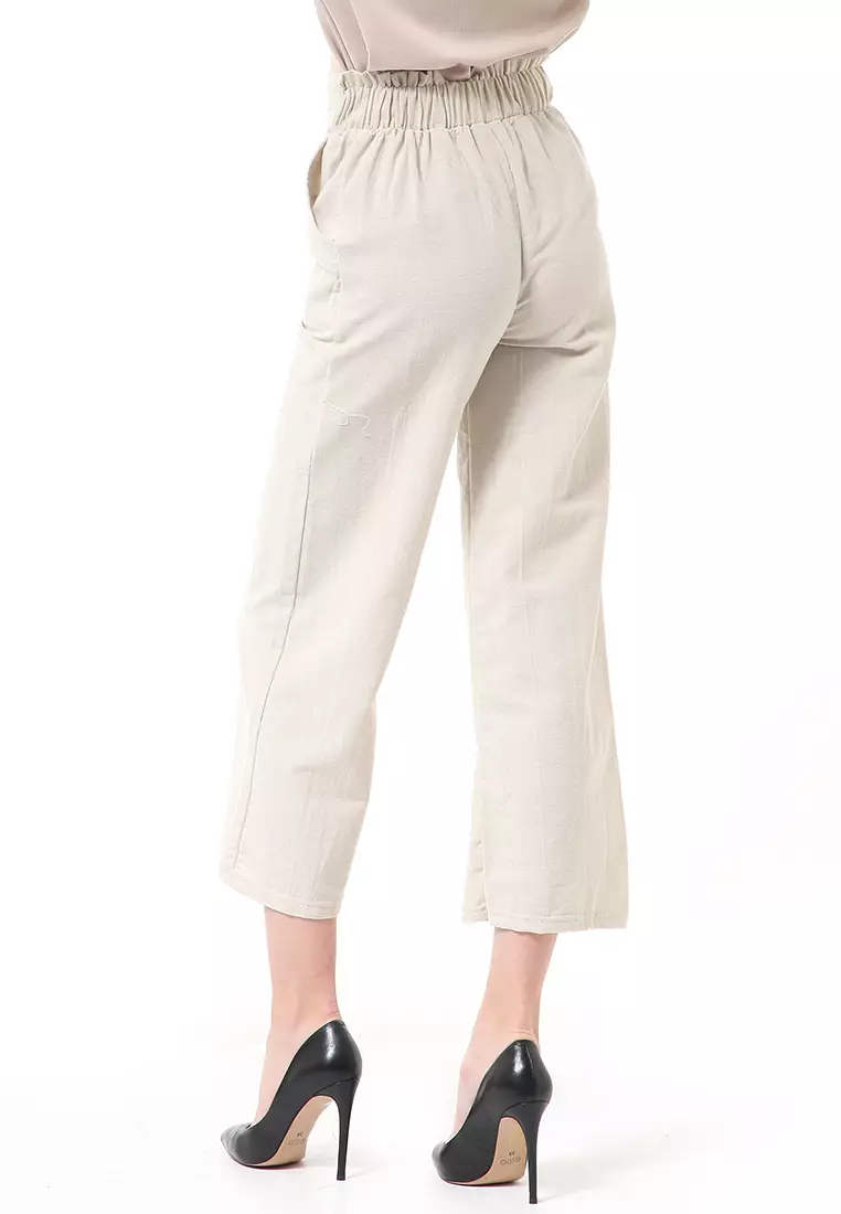 Stella Casual Long Pants Wanita Celana Kulot Highwaist Double Botton Material Linen ORIGINAL - Oat