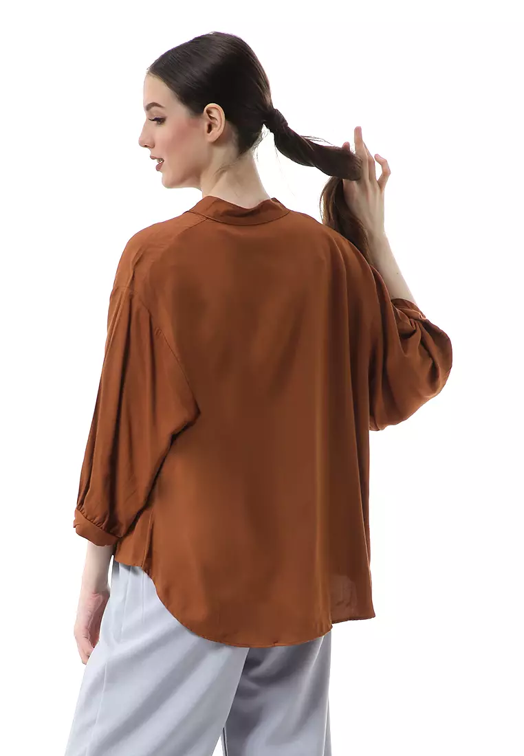 Ghita Kemeja Atasan Wanita Motif Polos Long Sleeve High Quality - Caramel