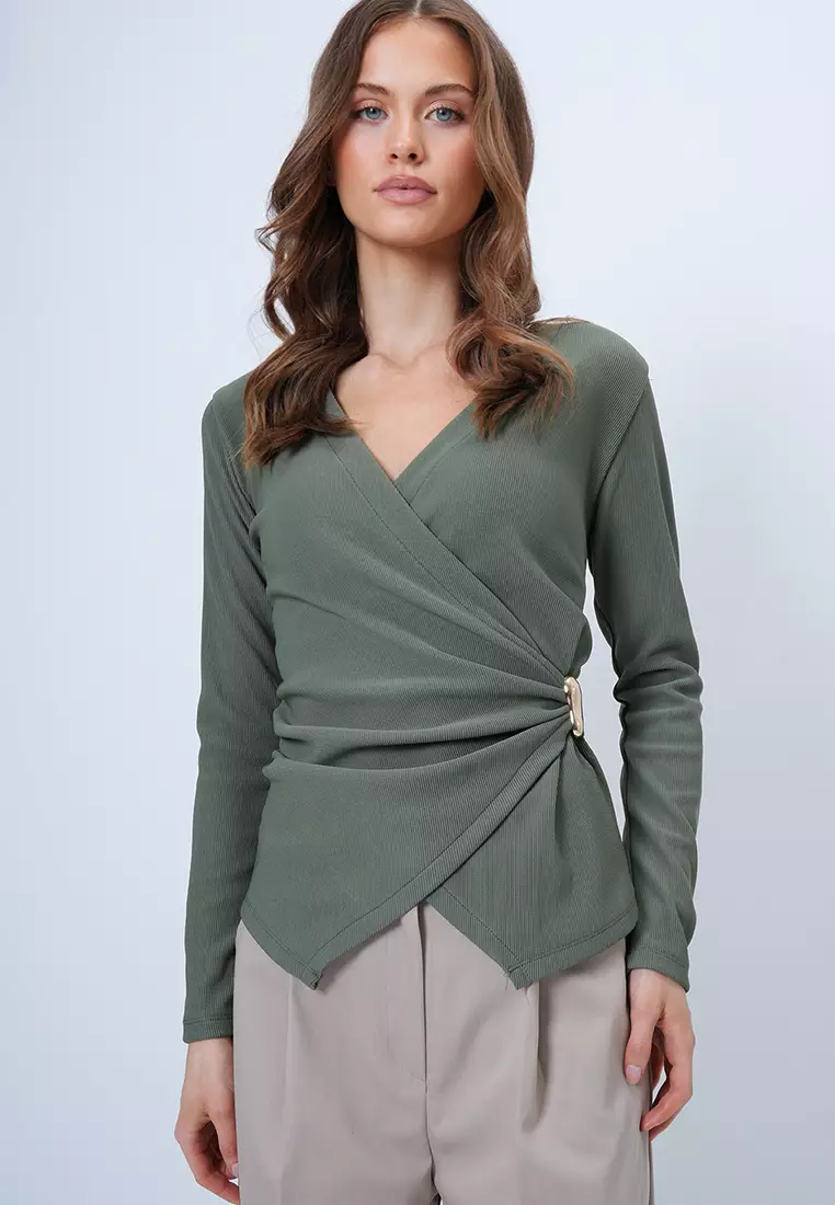 Double-Breasted V-Neck Brooch Detailed Blouse