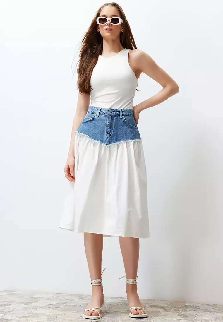 Mid Washed Denim Midi Skirt