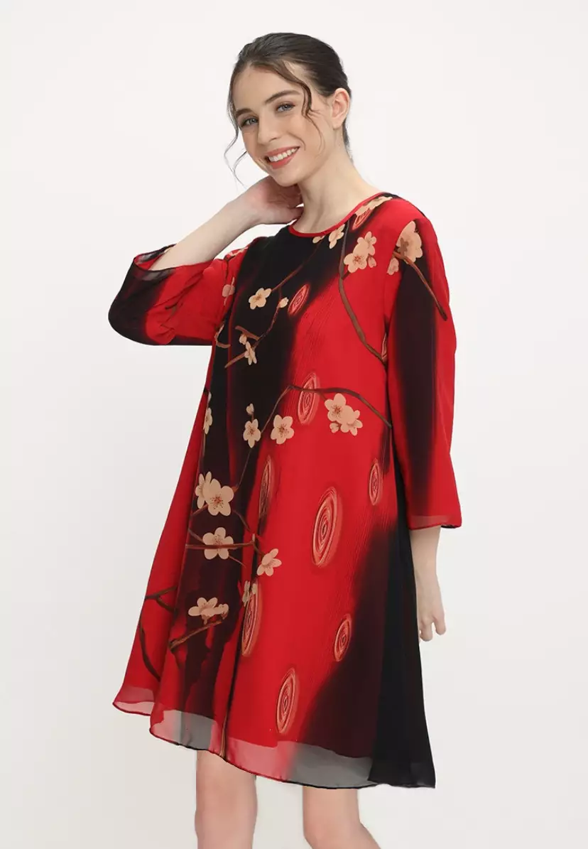 Floral Mini Dress Two Tone Red And Black By Brilliant Girl Warna MERAH