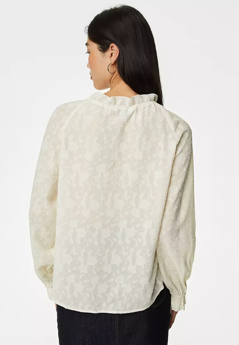 Jacquard Tie Neck Popover Blouse