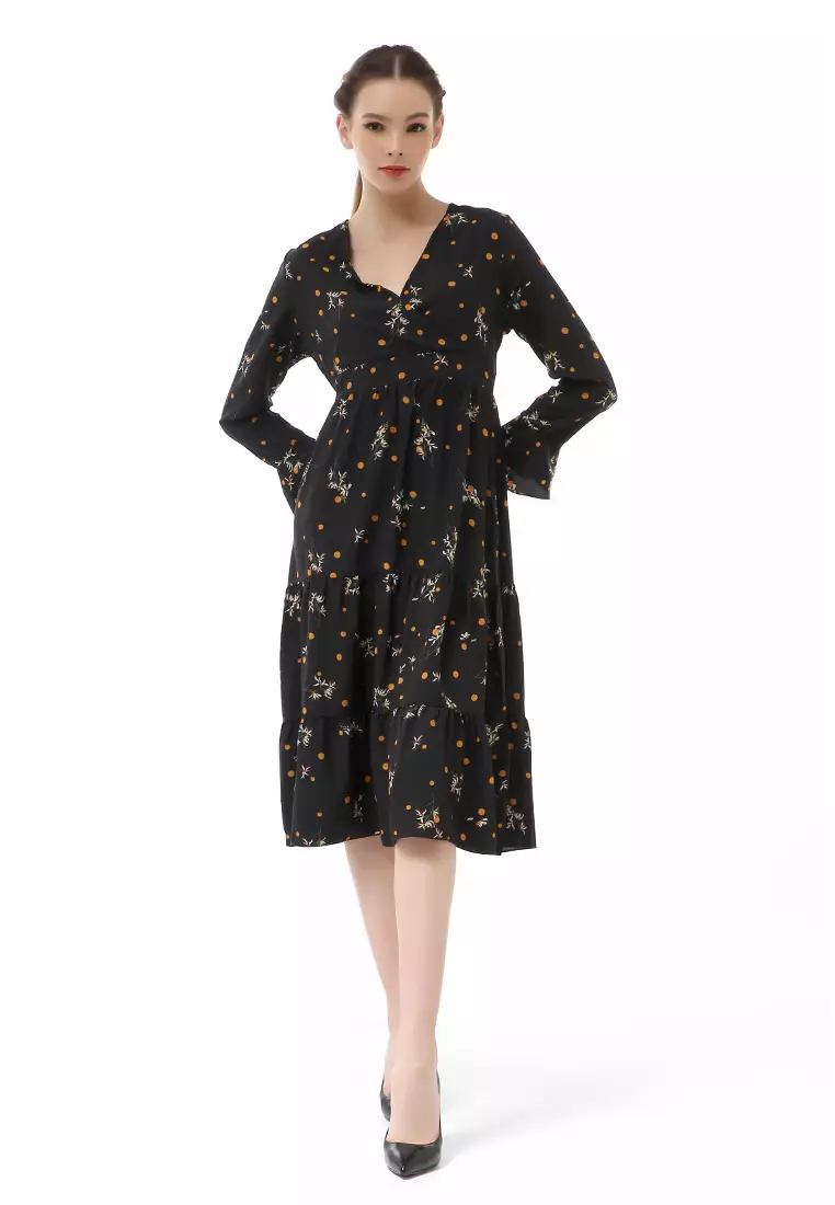 Rachel Midi Dress Kasual Wanita Long Sleeve Leaf Motve Material Chiffon ORIGINAL - Black