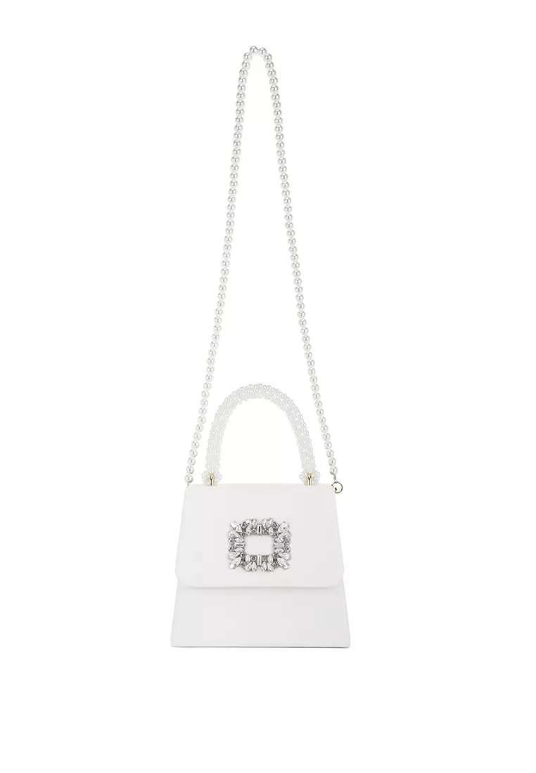 Tas Bros Berlian Imitasi dengan Pegangan Atas Mutiara Warna Putih