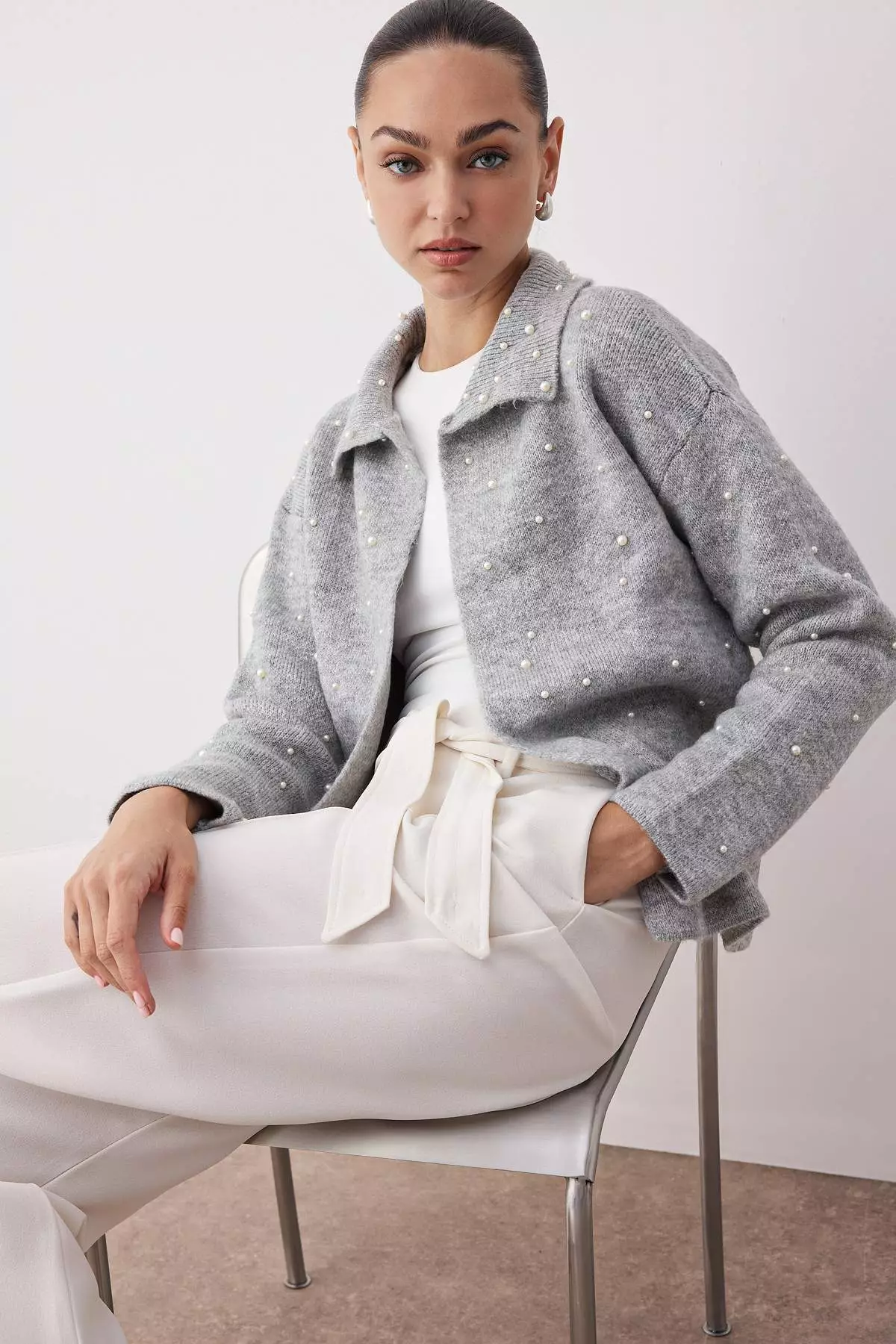 Gray Polo Collar Pearl Detail Wide Fit Knitwear Cardigan