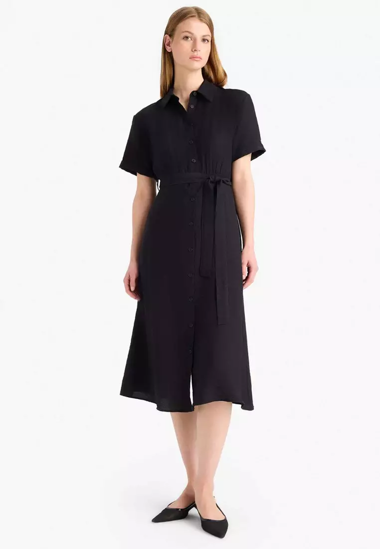 Shirt Collar Belted Short Sleeve Midi Black Summer Dress F2113Ax25Sm