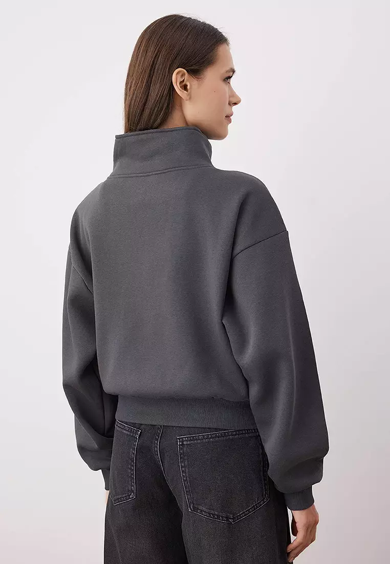 Anthracite Relaxed Cut Crop Zippered Stand Collar Thick Polar Fleece Knitted Sweatshirt