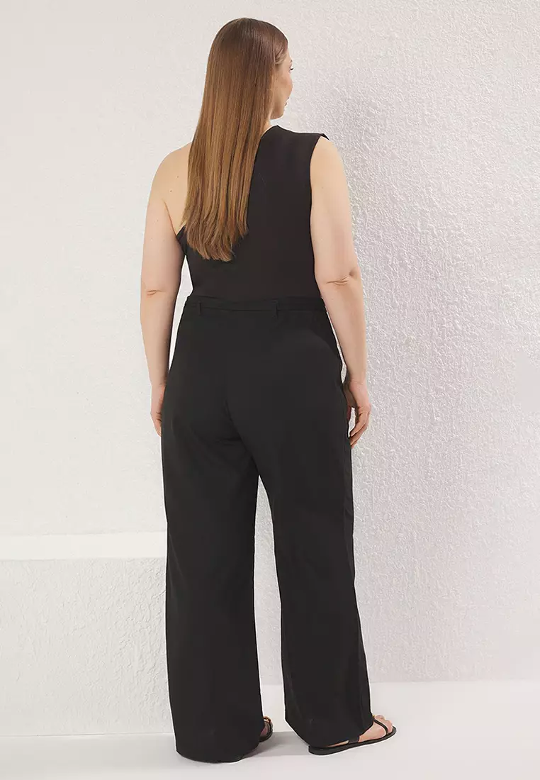 Black High Waist Wide Leg Belt Accessory Plus Size Woven Trousers Tbbss25Ar00037