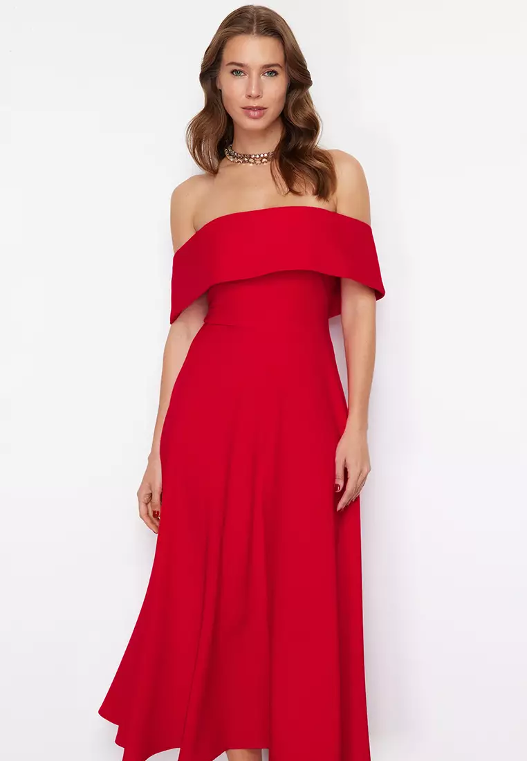 Red Collar Detail A Line Stylish Evening Dress