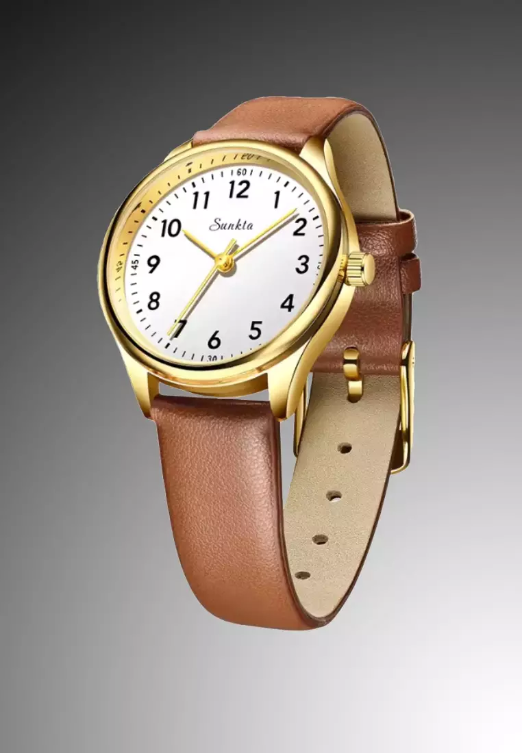 SUNKTA Round Ladies Quartz Watch, Light Weight Metal Alloy, Leather Strap