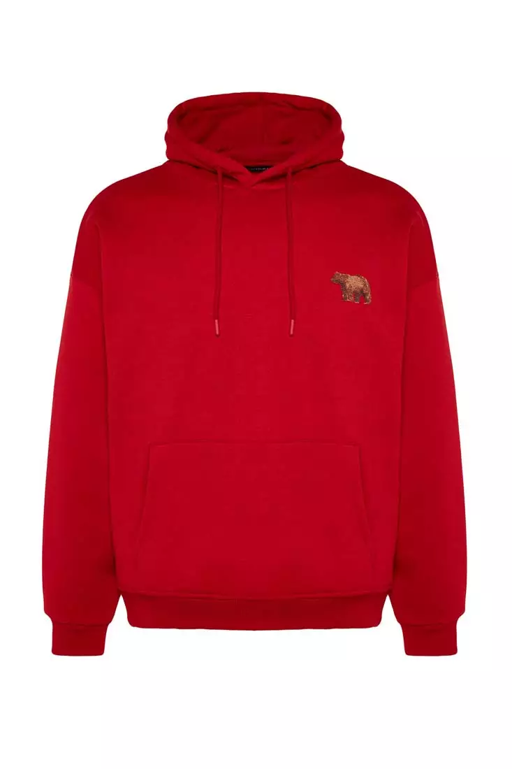 Buy Trendyol Men s Red Oversize Hoodie with Animal Embroidery and
