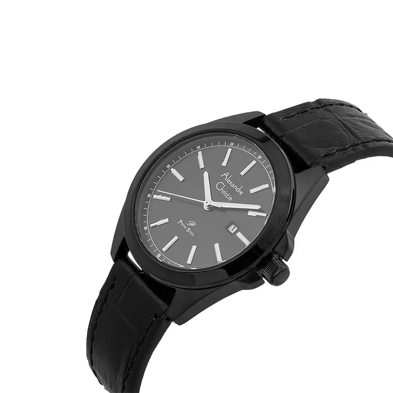 Jam Tangan Wanita Alexandre Christie Primo Steel AC 1015 LD LIPBA Ladies Black Dial Black Leather Strap
