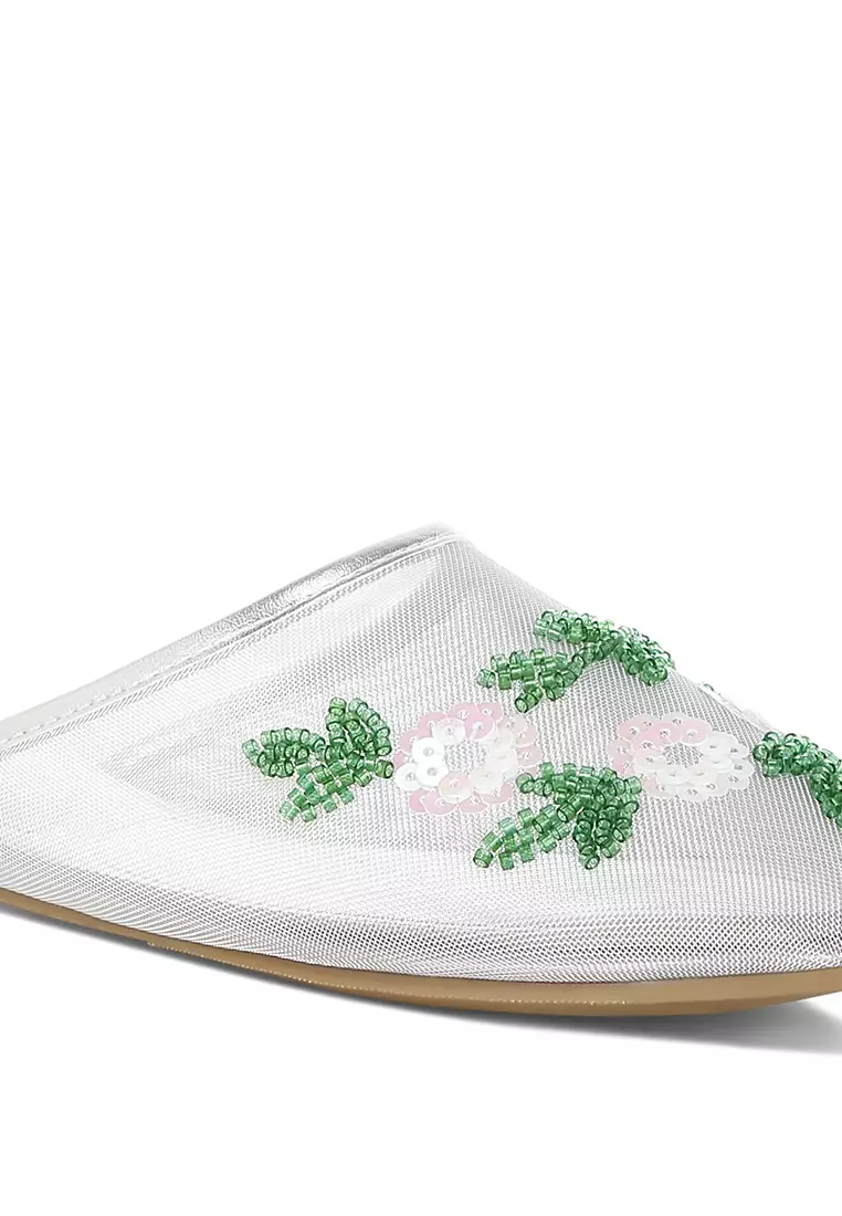 Mesh Sequin Beaded Mules In Silver