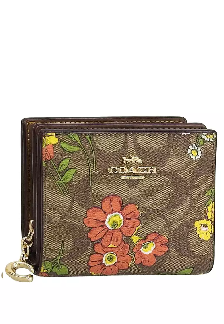 Snap Wallet In Signature Canvas With Floral Print Brown