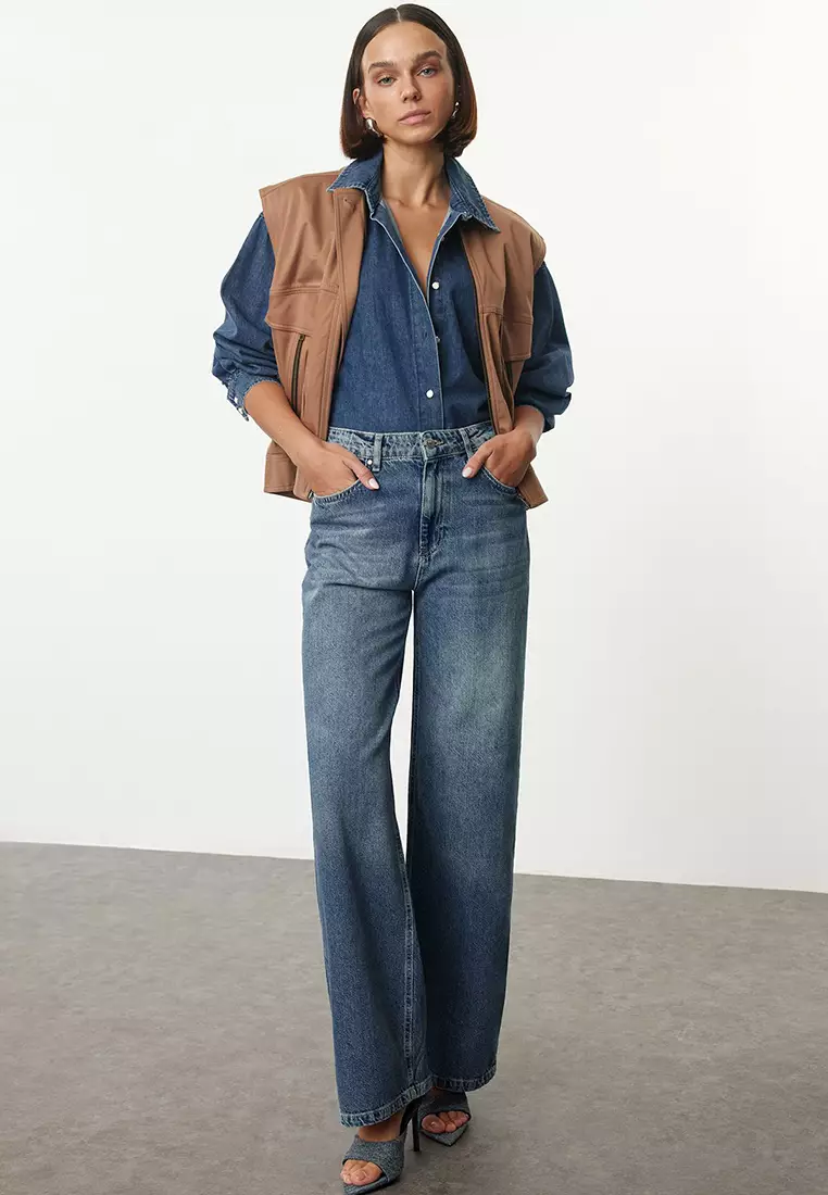 Cotton High Waist Regular Wide Leg Jeans