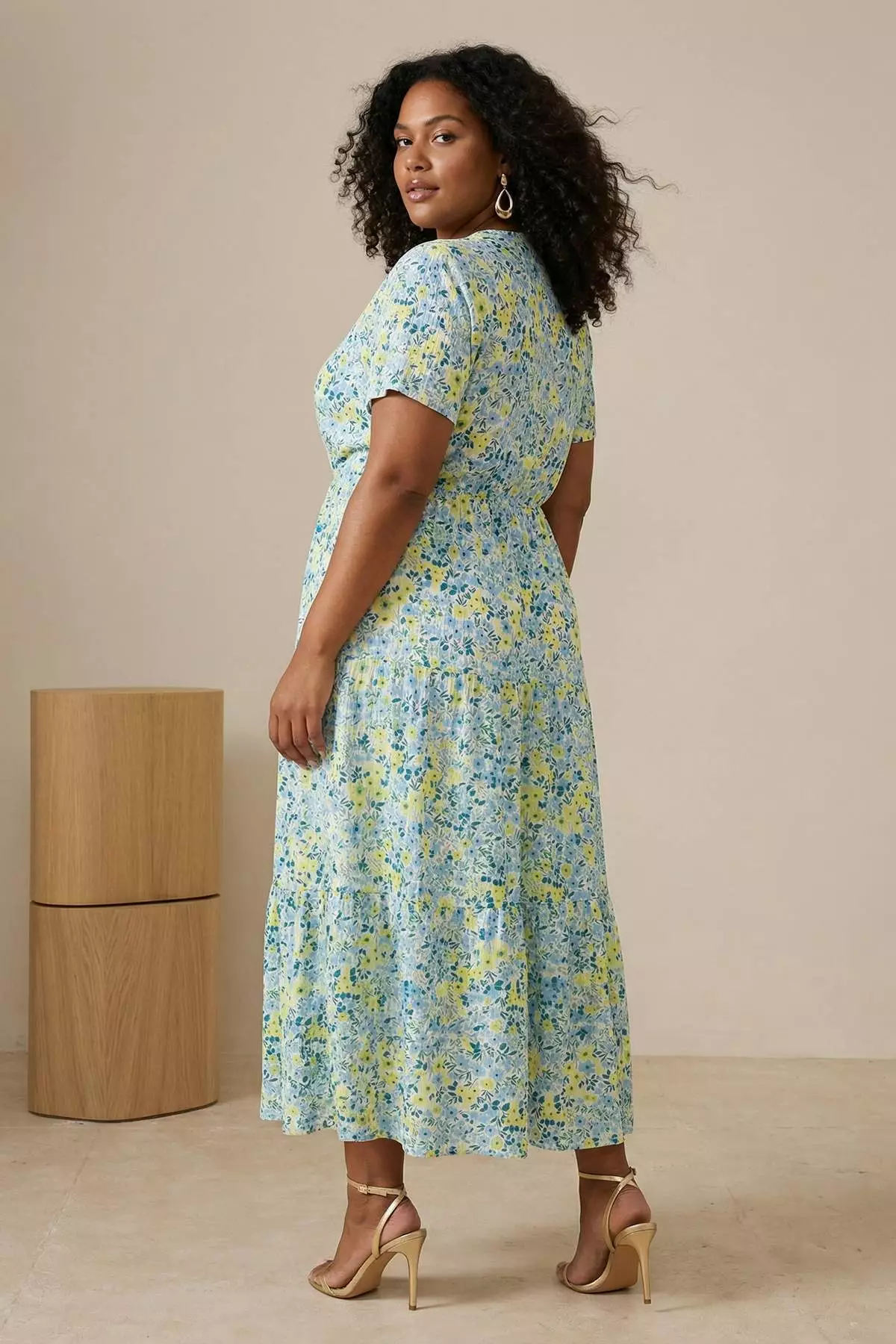 Yellow Floral Printed Double Breasted Stretchy Skater/Waist Cut Midi Knitted Dress Tbbss25Ah00243