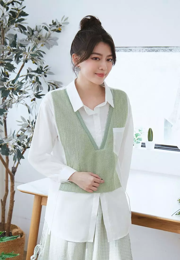 Loose Fit Layered Knit Vest Shirt Tunic – Casual Long Sleeve Oversized Top [AB20081]