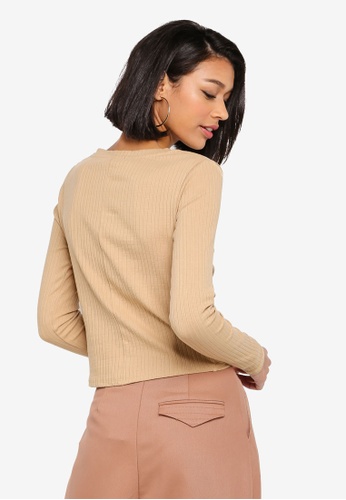 Buy Joska Long Sleeve V-Neck Crop Top from Pieces in Brown only 119