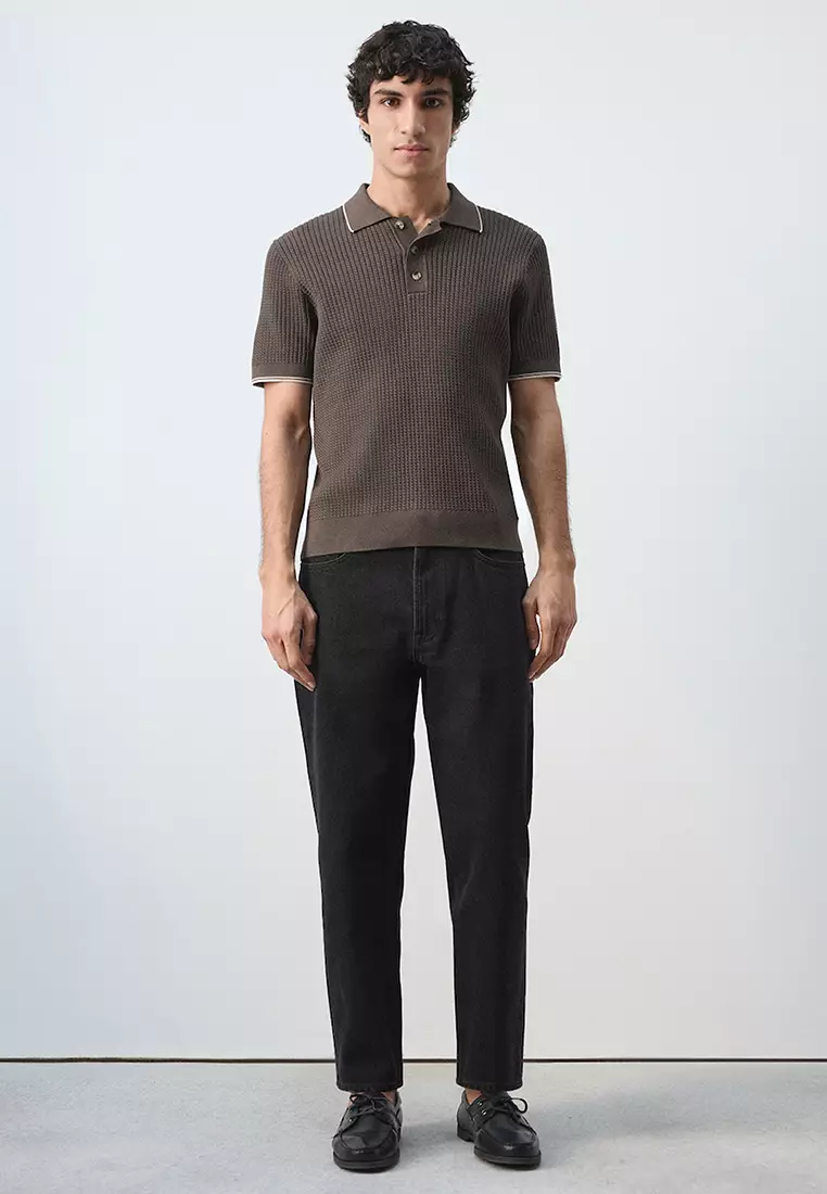 Fine-Knit Herringbone Polo Shirt