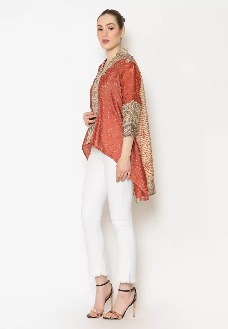 Rinjanie Batik - Blouse Batik Kalong Kerah Terracota - Batik Tuntrum mix Megamendung Modern - Blouse Batik Wanita Kekinian - Atasan Batik Wanita - Batik Kantor - Batik Cap - XSAU - TR