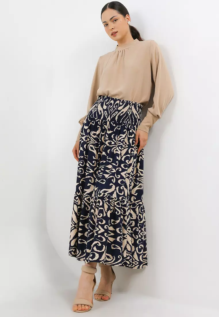 Ethnic Print Snocked Satin Skirt