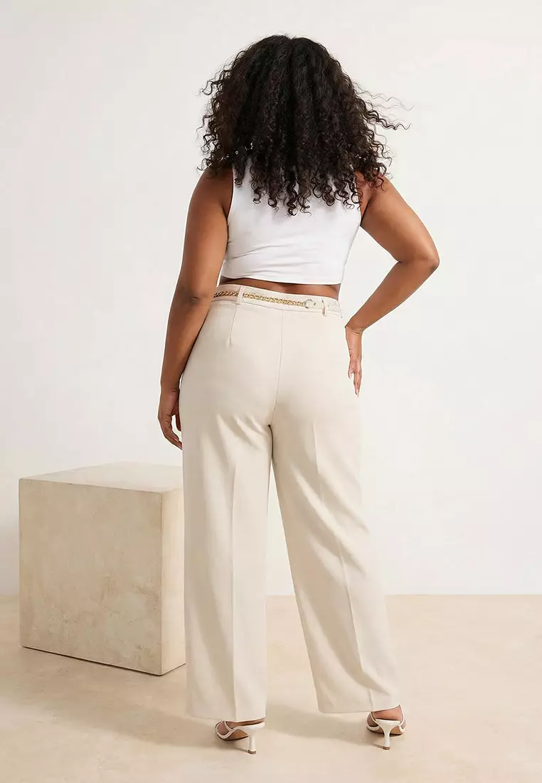Ecru High Waist Pipe Leg Accessory Detailed Plus Size Woven Trousers Tbbss26Ar00015