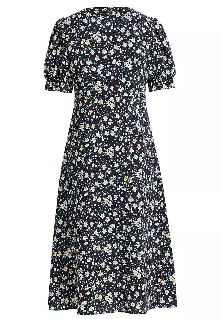 Puff Sleeve V-Neck A-Line Floral Dress