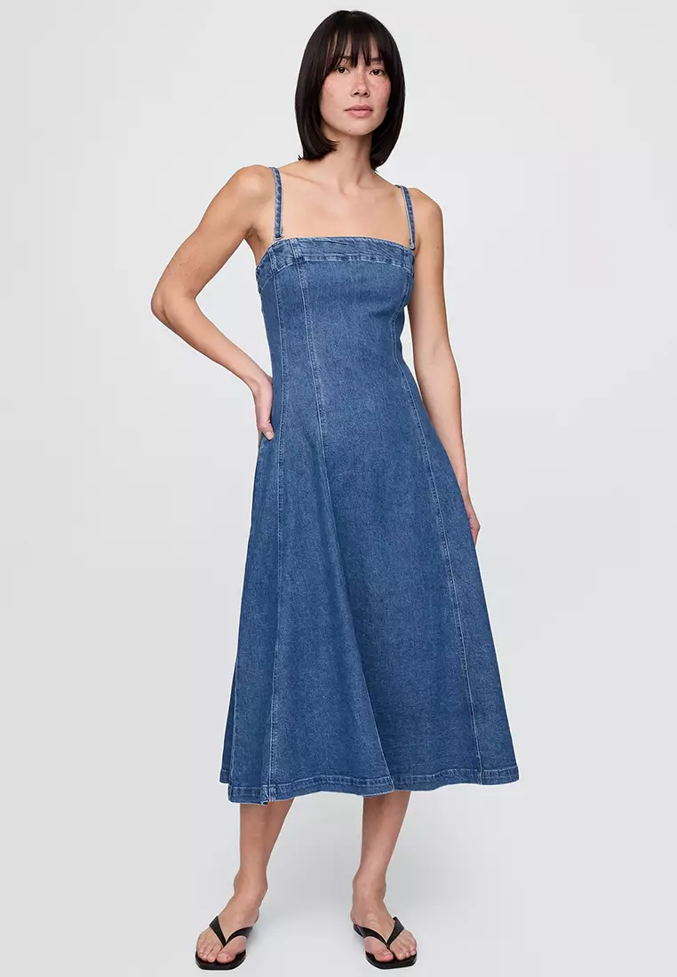 GAP Women's Dipped Waist Denim Midi Dress - Relaxed Fit Casual Dress, Machine Washable