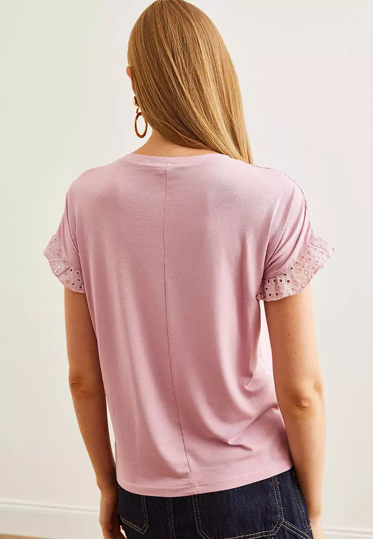 Women's Dried Rose Top Scallop Sleeve Flounce T-Shirt BLZ-19000979