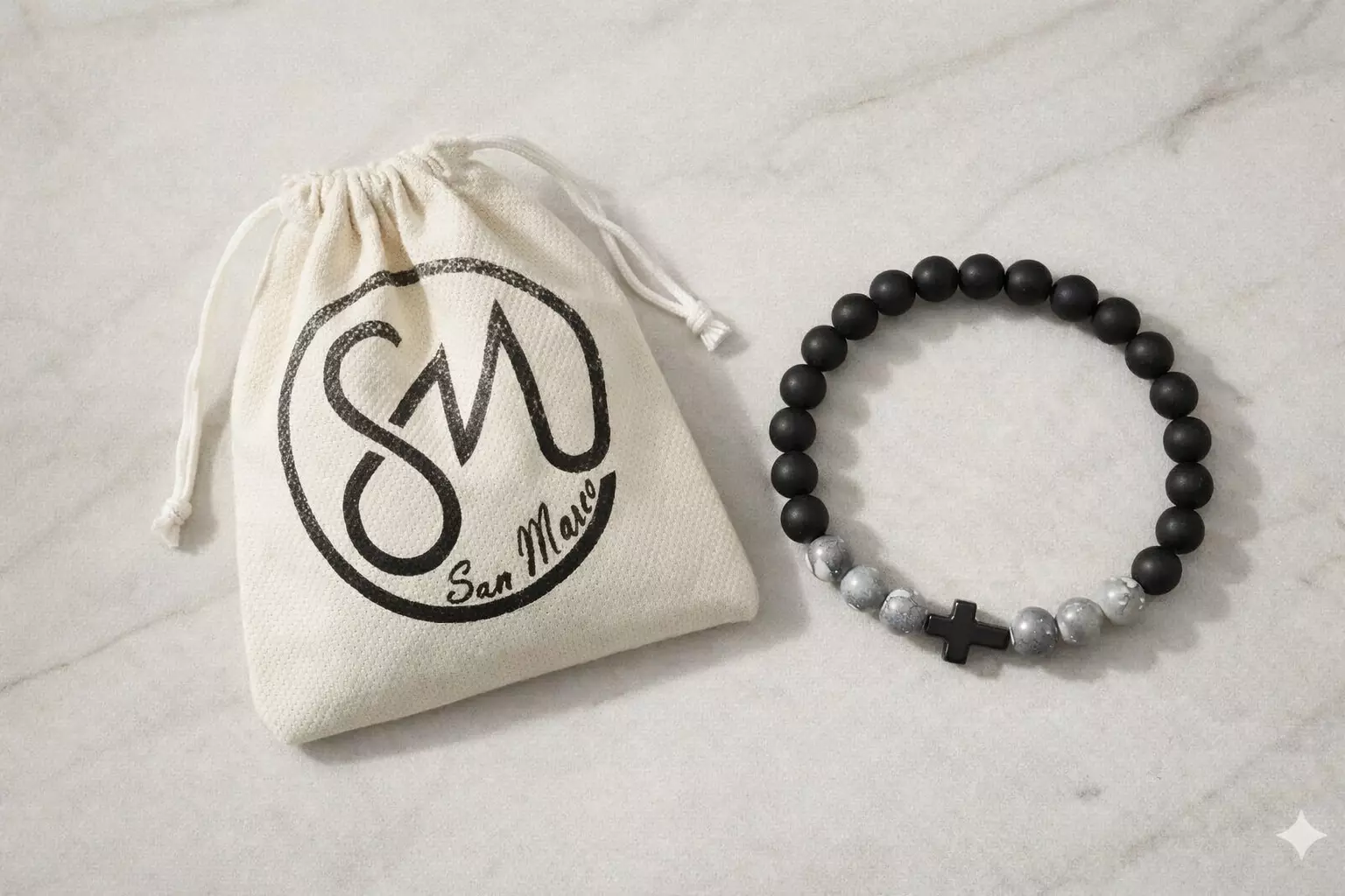 Aksesoris Gelang Pria Cross Center Howlite & Lava Beads Bracelet Black & White