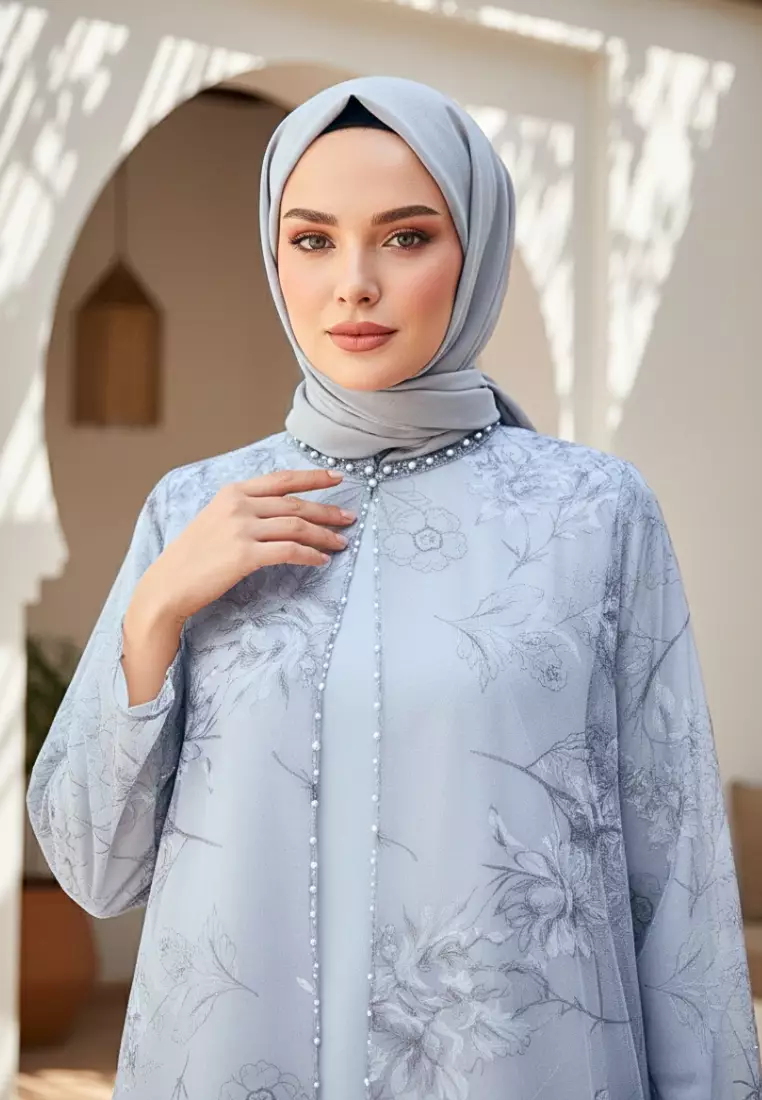 Setelan Wanita Muslimah Modern Bahan Organza Motif Bunga Premium Warna biru By Billiant girl Warna BIRU