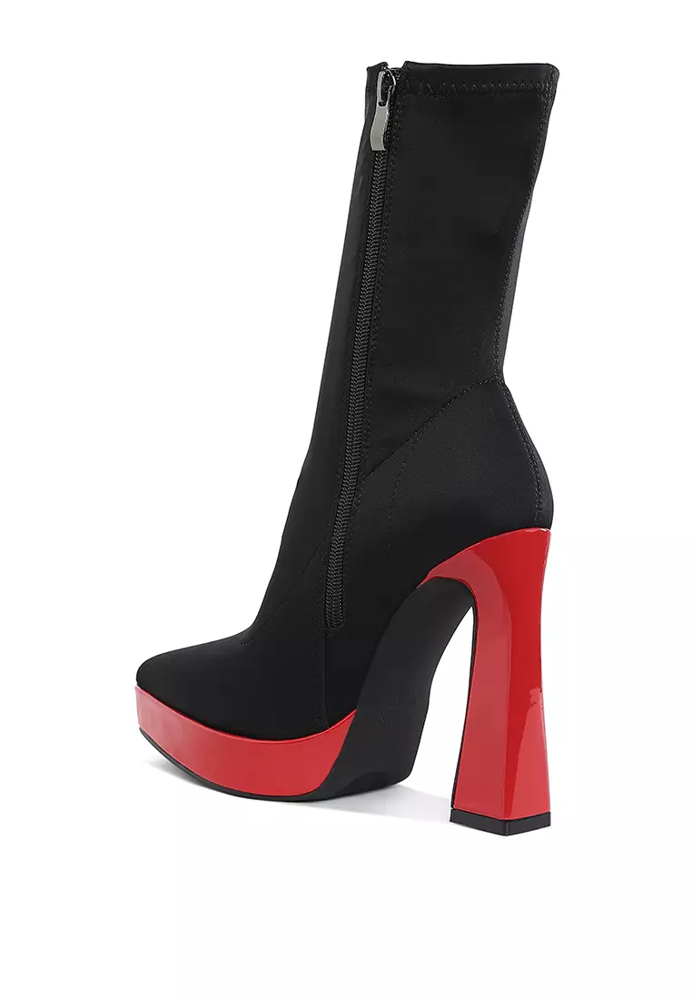 Sepatu Bot Kaus Kaki Detail Platform Kontras dalam Warna Hitam/Merah