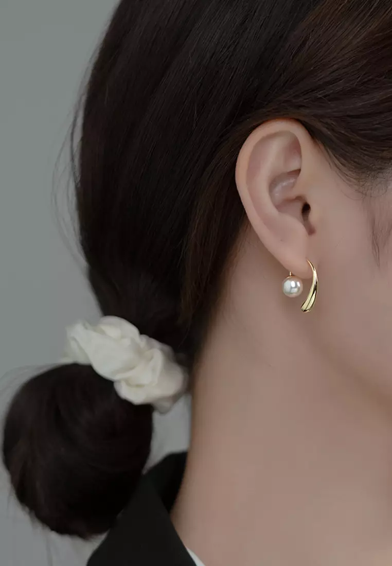 925 Silver Plated Gold Water Drop Design Faux Pearl Earrings JW AR-M00927