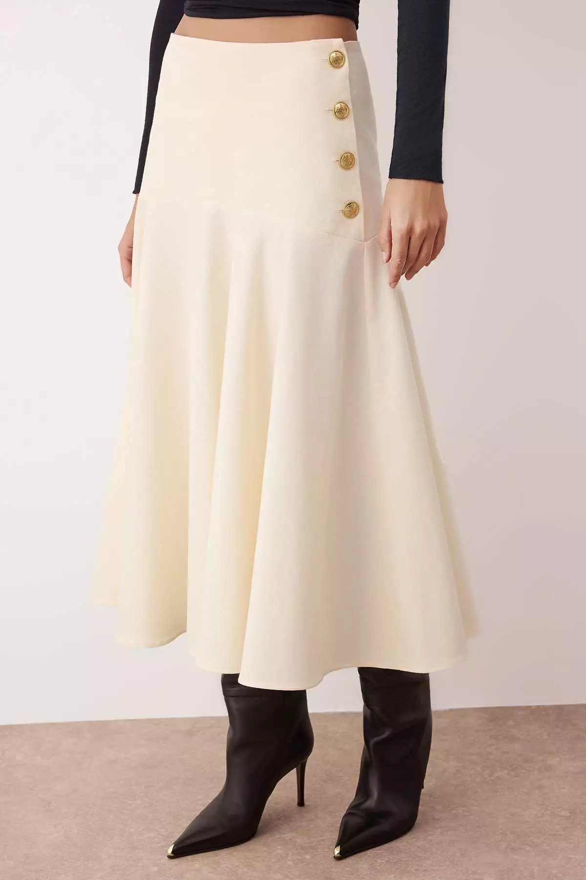 Stone Gold Button Detailed Midi Length Cotton Woven Flared Skirt Twoaw26Et00033